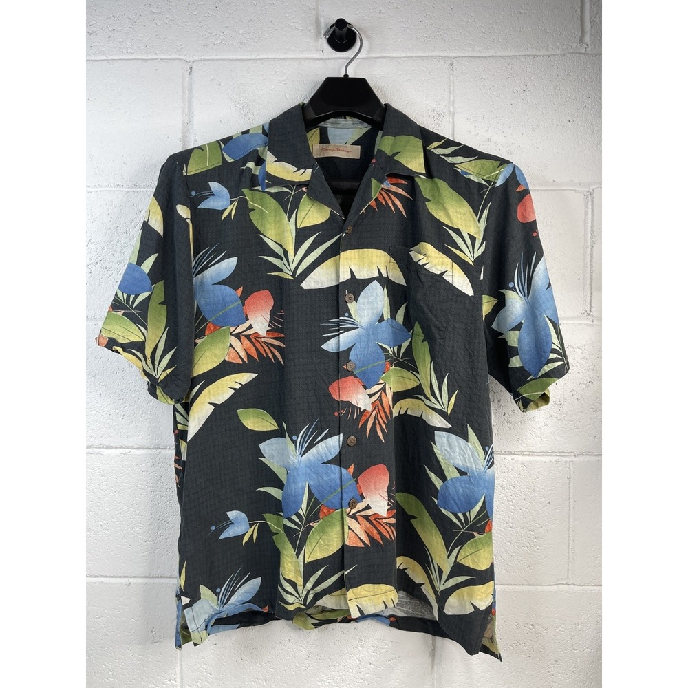 Tommy Bahama Hawaiian Shirt Mens L Silk Tropical Blue Floral Black Camp Aloha